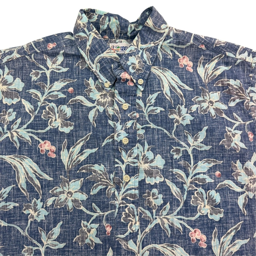 Reyn Spooner Shirt Mens L Blue Short Sleeve Button Up Chambray Floral Hawaiian